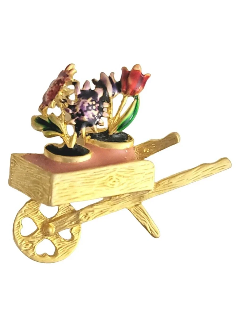 Gold Tone Pink Purple Enamel Flower Cart Wheel Barrow Brooch Pin, M427